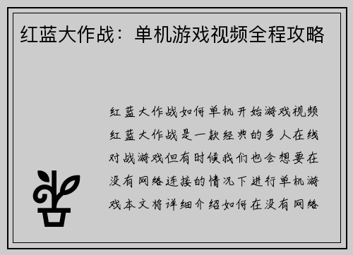 红蓝大作战：单机游戏视频全程攻略