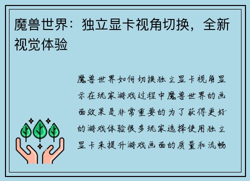 魔兽世界：独立显卡视角切换，全新视觉体验